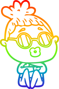 Orijinal gökkuşağı gradyan çizgi çizimi, gözlüklü oturan bir kadının çizimi.