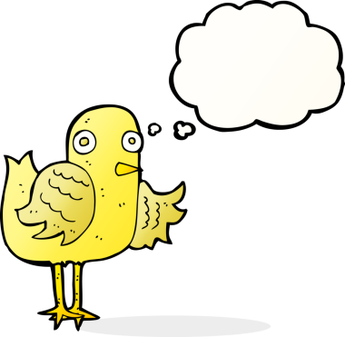 Düşünce baloncuğuyla kanat sallayan orijinal çizgi film kuşu