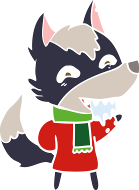 Orijinal düz renkli çizgi film. Kışlık giysiler içinde aç kurt.