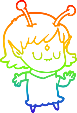 Orijinal gökkuşağı gradyan çizgi çizimi dans eden uzaylı bir kızın