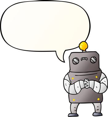 Düz eğimli konuşma baloncuğu olan orijinal çizgi film robotu