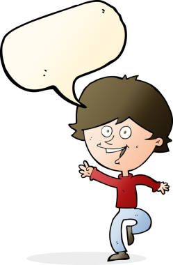 Orijinal çizgi film, konuşma balonlu mutlu el sallayan çocuk.