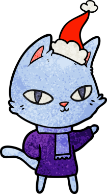 Orijinal el çizimi, Noel Baba şapkası takan bir kedinin çizgi filmi.