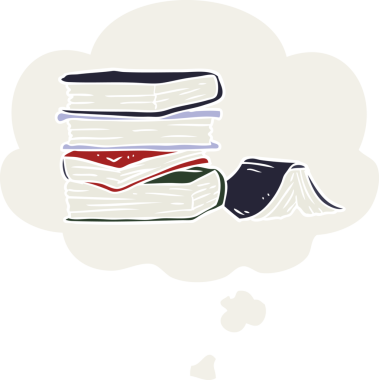 Geçmişe dönük düşünce baloncuklu orijinal kitap yığını