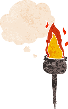 Orijinal karikatür alevli kadeh grunge sıkıntılı retro desenli düşünce balonu