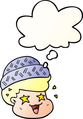 Düşünce baloncuklu şapkalı orijinal çizgi film çocuğu.