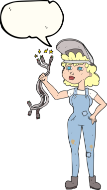 Orijinal serbest konuşma balonu karikatürlü elektrikçi kadın