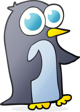 Orijinal çizilmiş penguen karikatürü, büyük gözlü.