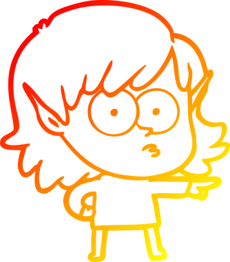 Orijinal sıcak çizgi çizimi çizgi filmdeki elf kızı işaret ediyor.