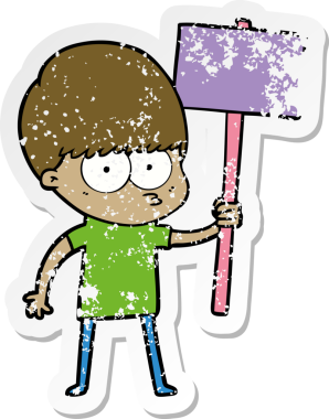 Pankart tutan asabi bir çizgi film çocuğunun orijinal sıkıntılı çıkartması.