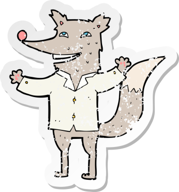 Orijinal gerilim dolu çizgi film etiketi. Mutlu kurt tişörtü giyiyor.