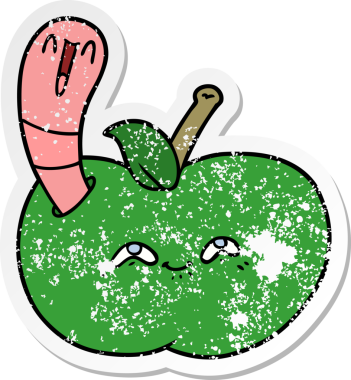 Mutlu elmanın içindeki bir karikatür solucanının orijinal üzgün çıkartması.