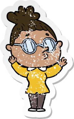 Çizgi filmdeki gözlüklü bir kadının orijinal sıkıntılı çıkartması.