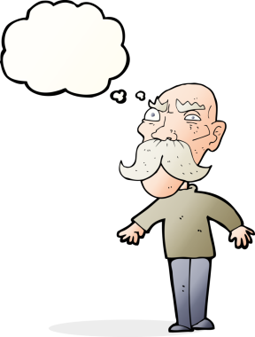 Düşünce baloncuğu olan kızgın yaşlı adam.