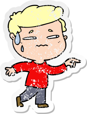 Çizgi film karakteri endişeli bir adamı işaret ediyor.