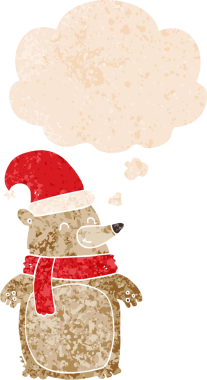 Orijinal karikatür noel ayısı. Düşünce baloncuğu ile grunge sıkıntı retro desenli stil