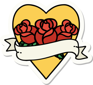 Geleneksel bir kalp ve çiçekli pankart şeklinde orijinal dövme çıkartması.