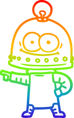Orijinal gökkuşağı gradyan çizgisi mutlu bir karton robotun ampullü çizimi
