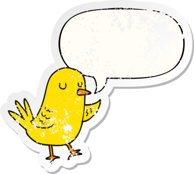 Konuşma baloncuğu olan orijinal çizgi film kuşu sıkıntılı eski çıkartma