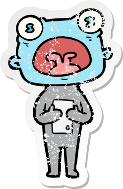 Çizgi filmin orijinal kederli çıkartması. Garip uzaylı iletişimi.