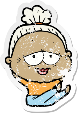 Çizgi filmin orijinal kederli çıkartması. Mutlu yaşlı kadın.