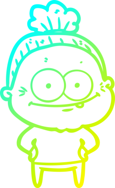 Mutlu, yaşlı bir kadının çizgi film çizimi.