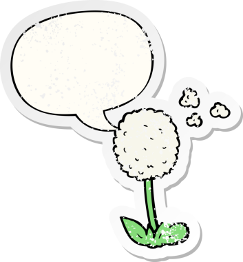 Konuşma baloncuğu olan orijinal karikatür çiçeği sıkıntılı eski bir çıkartma