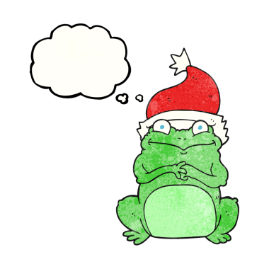 Orijinal el yazısıyla çizilmiş düşünce balonu desenli karikatür kurbağası Noel şapkası takıyor.
