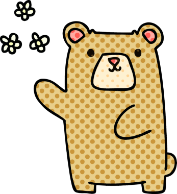 Orijinal çizgi roman tarzı tuhaf çizgi film ayısı ve çiçekler.