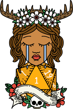 Orijinal Retro Dövme Biçimi ağlayan insan Druid ve doğal bir d20 rulo