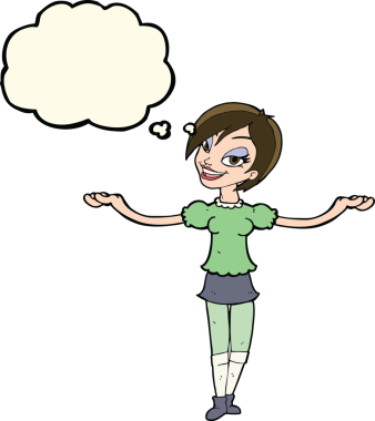 Orijinal çizgi film kadını düşünce baloncuğuyla kollarını açıyor.