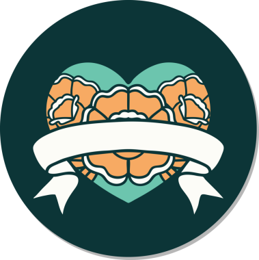 Geleneksel bir kalp ve çiçekli pankart şeklinde orijinal dövme çıkartması.