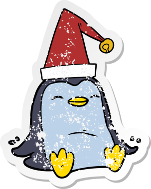 Çizgi film pengueninin Noel şapkası takan orijinal kederli çıkartması.