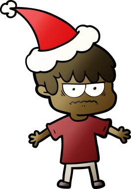 Orijinal kızgın el çizimi. Noel Baba şapkası takan bir çocuğun çizgi filmi.