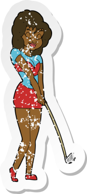 Golf oynayan karikatürcü bir kadının orijinal gerilimli çıkartması