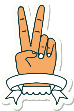 Orijinal barış çıkartması. İki parmak el işareti ve pankart.