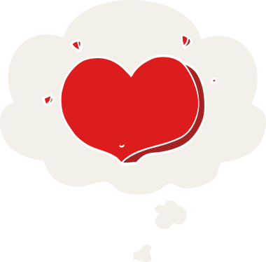 Orijinal aşk karikatürü. Düşünce baloncuklu eski tarz bir kalp.