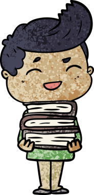 Orijinal çizgi filmci elinde kitaplarla güler.