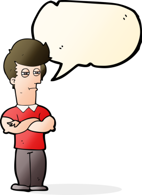 Konuşma balonlu kolları katlanmış orijinal çizgi film adamı.