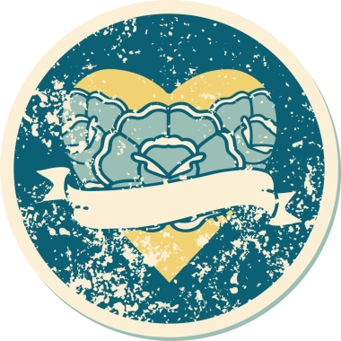 Orjinal ikonik, sıkıntılı çıkartma dövme stili. Çiçekli bir kalp ve pankart.