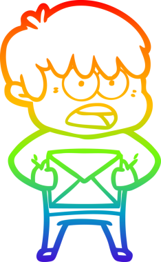 Orijinal gökkuşağı gradyan çizgi çizimi endişeli bir çizgi film çocuğunun