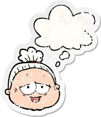 Üzüntülü bir çıkartma olarak düşünce balonlu orijinal yaşlı kadın.