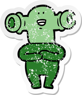 Dost canlısı bir uzaylı çizgi filminin orijinal üzgün çıkartması.