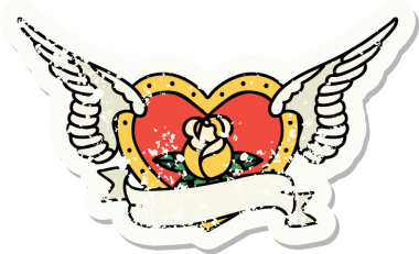 Geleneksel bir stil olan, çiçek ve bayrak taşıyan uçan kalp şeklinde orijinal bir etiket dövmesi.