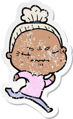 Çizgi filmin orijinal sıkıntılı çıkartması. Sinirli yaşlı kadın.