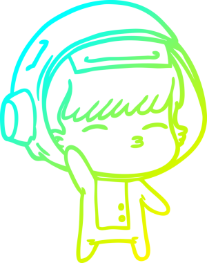 Orijinal soğuk eğimli çizgi film çizimi meraklı astronot el sallıyor.