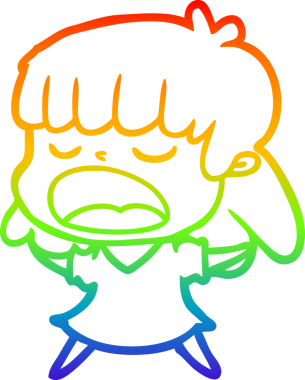 Orijinal gökkuşağı gradyan çizgi çizimi yüksek sesle konuşan bir karikatür kadın