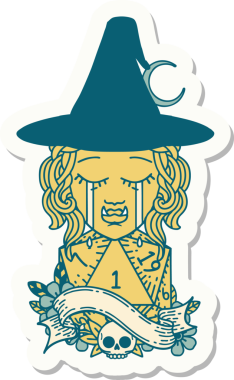 Ağlayan, yarı ork karakterli, doğal bir d20 zarlı orijinal bir çıkartma.