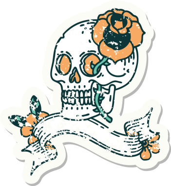 Kafatası ve gül pankartlı eski püskü bir etiket.