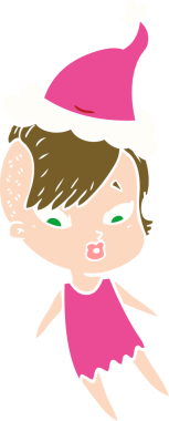 Orijinal el çizimi, Noel Baba şapkası takan şaşırmış bir kızın düz renk çizimi.